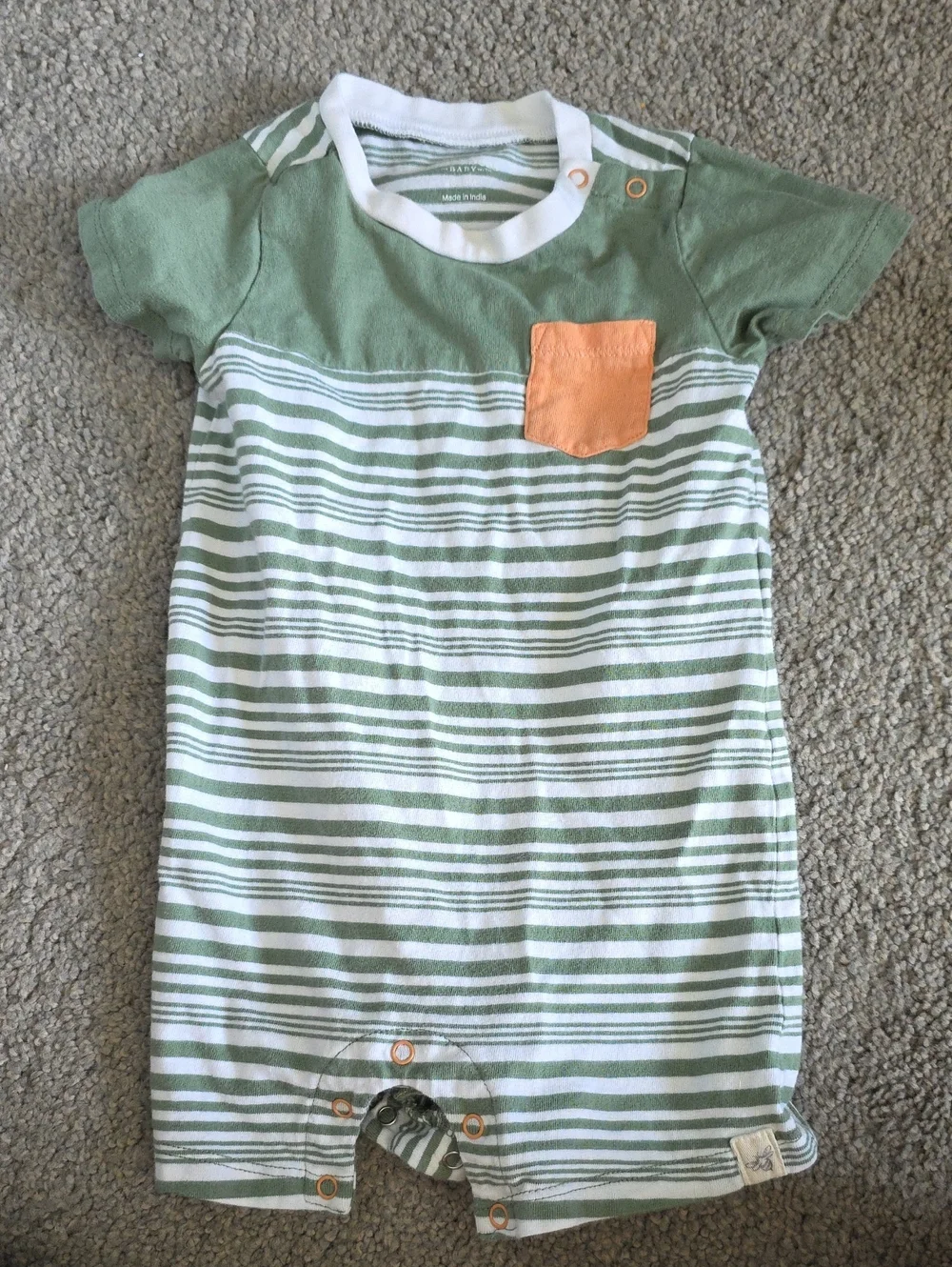 Burt's Bees Baby Green and White Stripe Cotton One-Piece with Orange Pocket